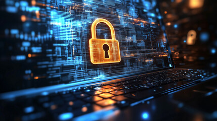 A computer screen displaying a digital padlock symbolizing cybersecurity and data protection in a high-tech environment.