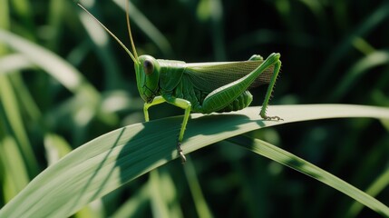 Macro Shot of Grasshopper Perched on Green Leaf in Detailed Close-Up Photography