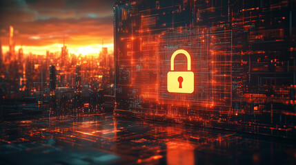 A computer screen displaying a digital padlock symbolizing cybersecurity and data protection in a high-tech environment.