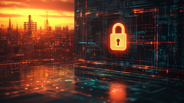 A computer screen displaying a digital padlock symbolizing cybersecurity and data protection in a high-tech environment.