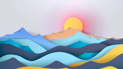mountains landscape.3d Paper cut abstract minimal nature scene, template background.Vector illustration.