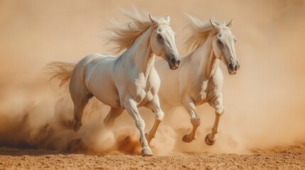 Obraz premium Two white horses galloping through a sandy landscape, creating a dynamic and energetic scene.