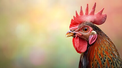Portrait of a rooster, detailed feathers, vibrant red comb and wattles, piercing eye, soft pale yellow gradient background, copy space for text, bokeh light effects, studio lighting.