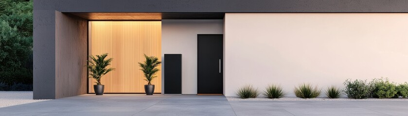 Modern entrance featuring sleek lines, warm lighting, and decorative plants, showcasing contemporary architectural design.