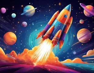 Cosmic Journey A whimsical rocket blasts off into the vast expanse of space, soaring past colorful planets towards a backdrop of twinkling stars.