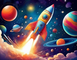 Cosmic Journey A whimsical rocket blasts off into the vast expanse of space, soaring past colorful planets towards a backdrop of twinkling stars.