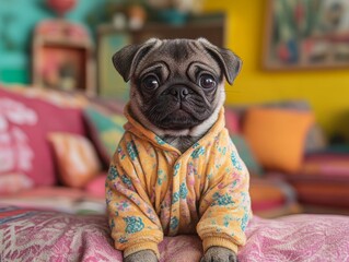 A pug dog is wearing a floral jacket and sitting on a couch