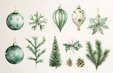 Collection of watercolor Christmas decorations isolated on white background