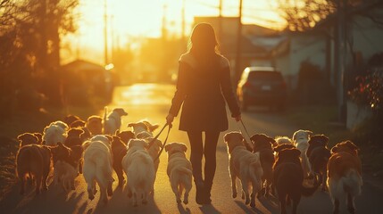 A silhouette of a professional dog walker managing numerous dogs on leashes during a beautiful sunset. The golden hour light creates long shadows and highlights the concept of pet care services.