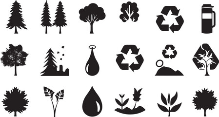 A simple vector icon set featuring a water conservation, eco-friendly practices, forest preservation, and environmental care .icons in black and white style with isolated on white