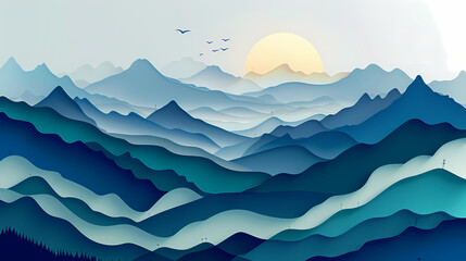 mountains landscape.3d Paper cut abstract minimal nature scene, template background.Vector illustration.