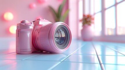 Celebrating World Photography Day with a Pastel Background - Soft Pink Camera on a Light Blue Surface