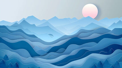 mountains landscape.3d Paper cut abstract minimal nature scene, template background.Vector illustration.