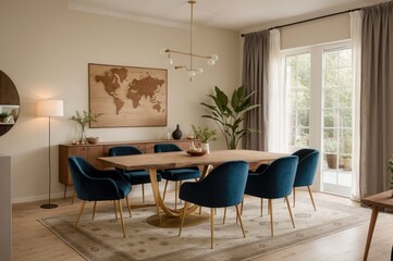 Fototapeta premium A large dining table with blue chairs and a map of the world on the wall