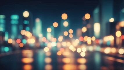 Blurred city street glowing with colorful bokeh lights.