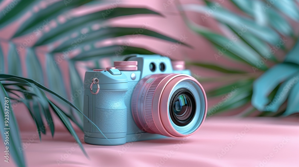 Wall mural Elegant Camera on Pastel Background Celebrating World Photography Day with Tropical Leaves