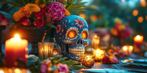 Naklejka premium Day of the Dead altar with colorful sugar skulls and candles, vibrant and festive