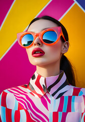 A vibrant, colorful fashion editorial featuring a model wearing bold sunglasses and oversized in shades of pink, orange, yellow, red, blue, purple, green, black, white, geometric patterns