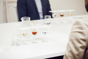 Degustation Glasses with Various Untitled Alcoholic Drinks on the Table. Professional Tasting Session Preparation.
