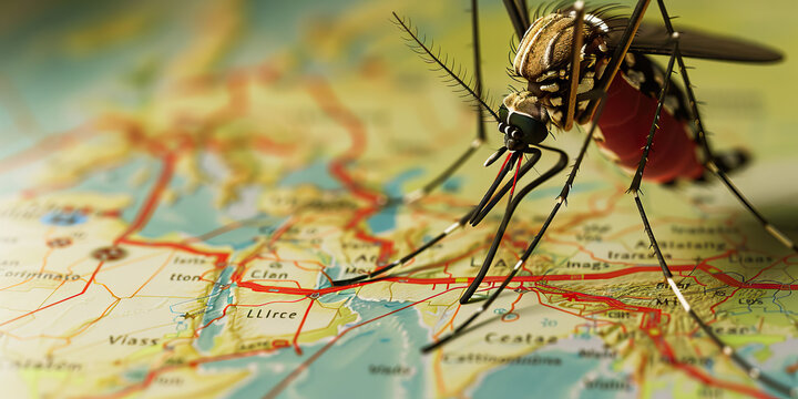 Malaria is the mosquito's sting of tropical travels, posing a risk in affected regions: Illustrate malaria as a mosquito hovering over a map