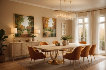 Fototapeta premium A large dining room with a long table and many chairs