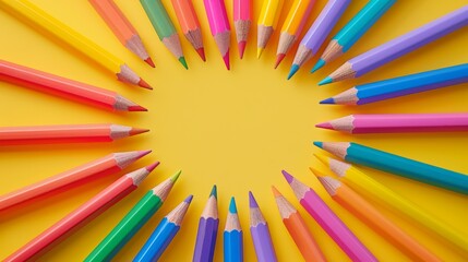 Obraz premium Colorful Border Frame Background with Back to School Concept Featuring Vibrant Pencils on Yellow Background