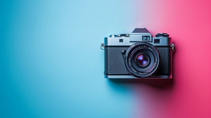 Vintage Camera on Pastel Background Celebrating World Photography Day with Vibrant Colors and Creative Composition