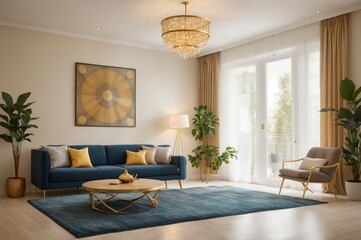 Fototapeta premium A living room with a blue couch, a coffee table, and a potted plant
