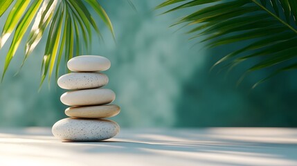 Obraz premium Zen stone stack, bright natural lighting, palm leaf, soft green background, minimalist spa composition, smooth pebbles balanced, tranquil atmosphere, copy space for text.