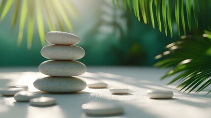 Obraz premium Zen stone stack, bright natural lighting, palm leaf, soft green background, minimalist spa composition, smooth pebbles balanced, tranquil atmosphere, copy space for text.