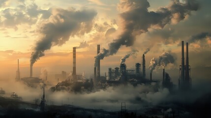 Industrial landscape with smokestacks and pollution under a dramatic sky.