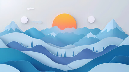 mountains landscape.3d Paper cut abstract minimal nature scene, template background.Vector illustration.