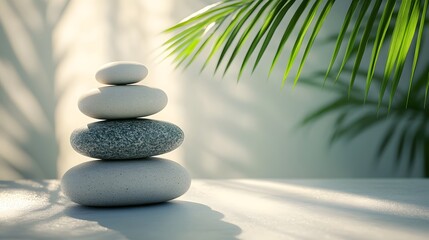 Obraz premium Zen stone stack, bright natural lighting, palm leaf, soft green background, minimalist spa composition, smooth pebbles balanced, tranquil atmosphere, copy space for text.