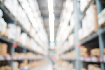 Abstract parcel box blurred on shelf of supermarket warehouse store