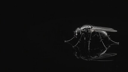 Naklejka premium Macro close-up of a fly on a reflective black surface - intriguing insect photography.