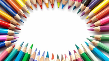 Fototapeta premium Vibrant and Colorful Education Back to School Background with Assorted Colored Pencils Forming a Frame on White