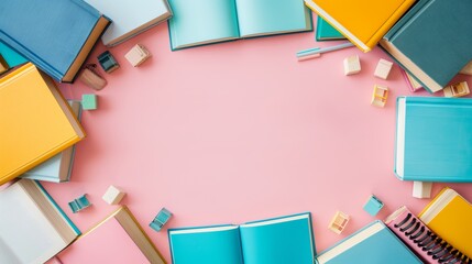 Colorful Border Frame Background with Books and School Supplies for Back to School Concept on Pink Surface