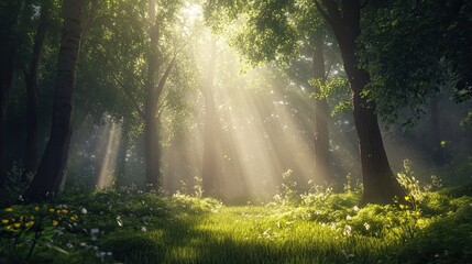 Obraz premium A tranquil forest scene with sunlight filtering through the trees, providing a calm and peaceful backdrop.