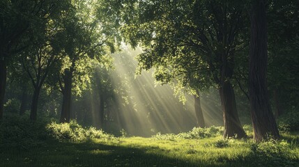 Obraz premium A tranquil forest scene with sunlight filtering through the trees, providing a calm and peaceful backdrop.