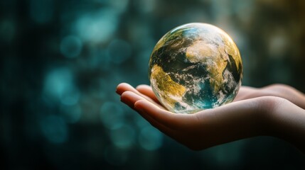 Hands holding a glass globe representing Earth with a blurred background