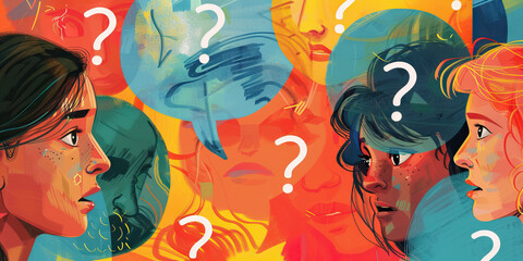 Naklejka premium Cultural misunderstandings are the communication pitfalls, arising from differences in customs and norms: Illustrate cultural misunderstandings as speech bubbles with question marks