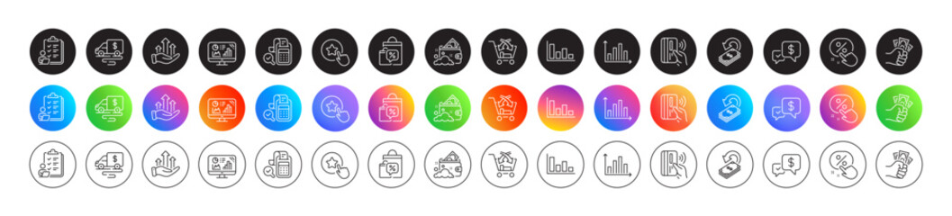Loyalty star, Growth chart and Histogram line icons. Round icon gradient buttons. Pack of Cross sell, Diagram graph, Discount button icon. Fraud, Contactless payment, Sale bags pictogram. Vector