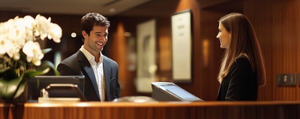 Smiling man checking into a hotel at the reception desk