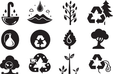 A simple vector icon set featuring a water conservation, eco-friendly practices, forest preservation, and environmental care .icons in black and white style with isolated on white