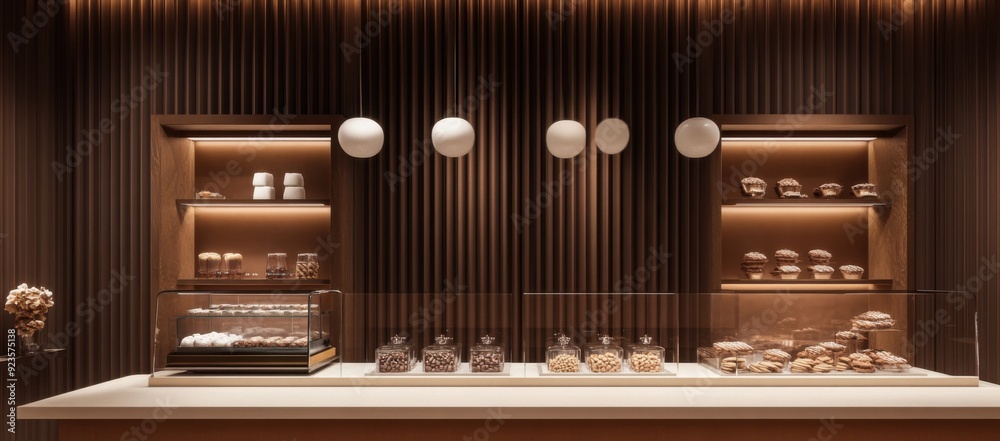 Poster interior wall design in a luxury chocolate shop. the background is decorated with warm brown walls a