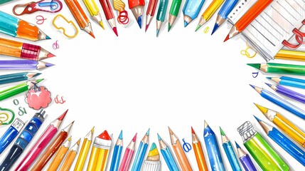 Fototapeta premium Colorful Education Back to School Background with Pencils, Pens, and Stationery on White Space for Text