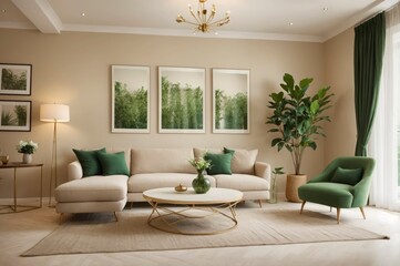 A living room with a green plant, a white couch, and a green chair