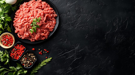 Mince ground meat with ingredients for cooking on black background. Top view 