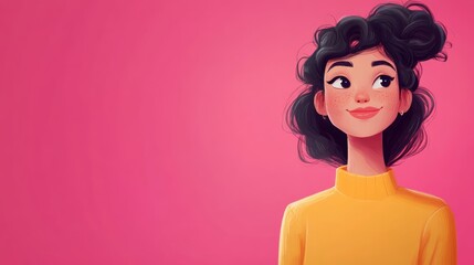 Illustration of a woman with curly black hair and a yellow turtleneck on a pink background