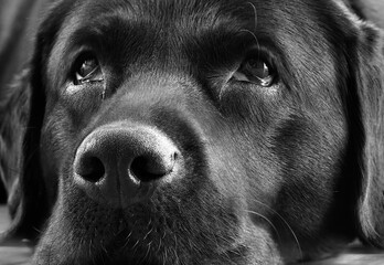 Black labrador dog face closeup in black and white
